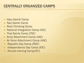 CENTRALLY ORGANIZED CAMPS















Vayu Sainik Camp
Nau Sainik Camp
Rock Climbing Camp
National Integratio...