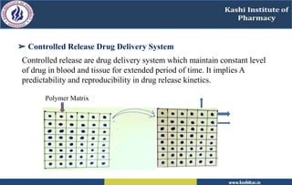 ➢ Controlled Release Drug Delivery System
Controlled release are drug delivery system which maintain constant level
of drug in blood and tissue for extended period of time. It implies A
predictability and reproducibility in drug release kinetics.
Polymer Matrix
 
