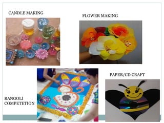 CANDLE MAKING
FLOWER MAKING
RANGOLI
COMPETETION
PAPER/CD CRAFT
 