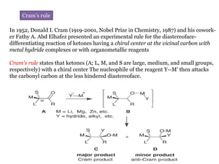 Cram’s rule
In 1952, Donald I. Cram (1919-2001, Nobel Prize in Chemistry, 1987) and his cowork-
er Fathy A. Abd Elhafez presented an experimental rule for the diastereoface-
differentiating reaction of ketones having a chiral center at the vicinal carbon with
metal hydride complexes or with organometallic reagents
Cram's rule states that ketones (A; L, M, and S are large, medium, and small groups,
respectively) with a chiral center The nucleophile of the reagent Y--M' then attacks
the carbonyl carbon at the less hindered diastereoface.
 