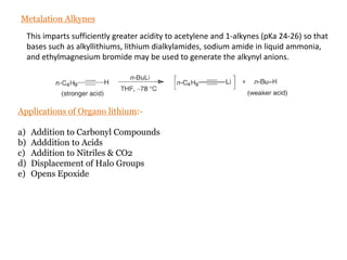 Metalation Alkynes
This imparts sufficiently greater acidity to acetylene and 1-alkynes (pKa 24-26) so that
bases such as alkyllithiums, lithium dialkylamides, sodium amide in liquid ammonia,
and ethylmagnesium bromide may be used to generate the alkynyl anions.
Applications of Organo lithium:-
a) Addition to Carbonyl Compounds
b) Adddition to Acids
c) Addition to Nitriles & CO2
d) Displacement of Halo Groups
e) Opens Epoxide
 