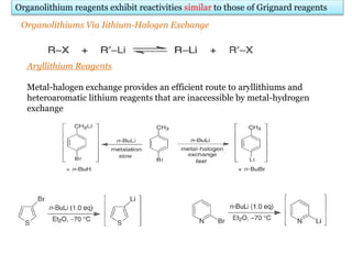 Organolithium reagents exhibit reactivities similar to those of Grignard reagents
Organolithiums Via Iithium-Halogen Exchange
Aryllithium Reagents
Metal-halogen exchange provides an efficient route to aryllithiums and
heteroaromatic lithium reagents that are inaccessible by metal-hydrogen
exchange
 