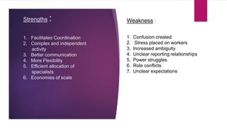 Strengths :
1. Facilitates Coordination
2. Complex and independent
activity
3. Better communication
4. More Flexibility
5. Efficient allocation of
specialists
6. Economies of scale
Weakness :
1. Confusion created
2. Stress placed on workers
3. Increased ambiguity
4. Unclear reporting relationships
5. Power struggles
6. Role conflicts
7. Unclear expectations
 