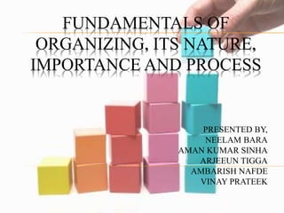 FUNDAMENTALS OF
ORGANIZING, ITS NATURE,
IMPORTANCE AND PROCESS
PRESENTED BY,
NEELAM BARA
AMAN KUMAR SINHA
ARJEEUN TIGGA
AMBARISH NAFDE
VINAY PRATEEK
 