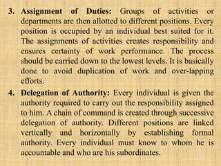 3. Assignment of Duties: Groups of activities or
departments are then allotted to different positions. Every
position is occupied by an individual best suited for it.
The assignments of activities creates responsibility and
ensures certainty of work performance. The process
should be carried down to the lowest levels. It is basically
done to avoid duplication of work and over-lapping
efforts.
4. Delegation of Authority: Every individual is given the
authority required to carry out the responsibility assigned
to him. A chain of command is created through successive
delegation of authority. Different positions are linked
vertically and horizontally by establishing formal
authority. Every individual must know to whom he is
accountable and who are his subordinates.
 