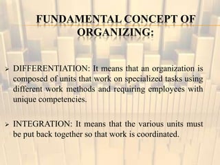 FUNDAMENTAL CONCEPT OF
ORGANIZING:
 DIFFERENTIATION: It means that an organization is
composed of units that work on specialized tasks using
different work methods and requiring employees with
unique competencies.
 INTEGRATION: It means that the various units must
be put back together so that work is coordinated.
 