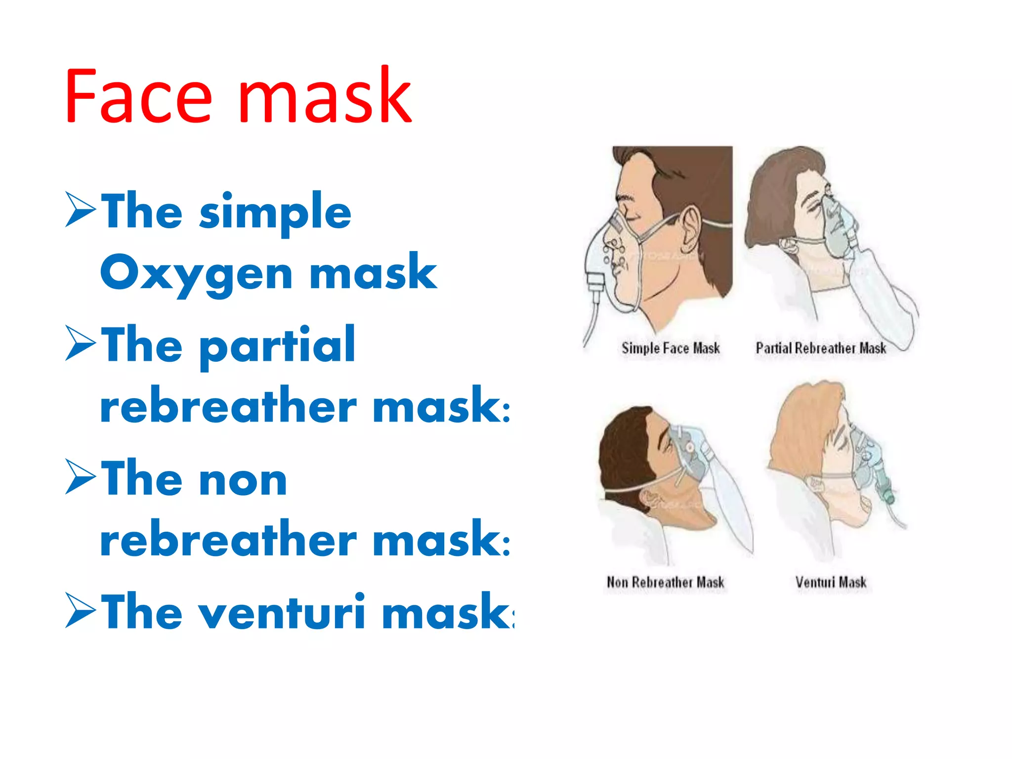 Face mask
The simple
Oxygen mask
The partial
rebreather mask:
The non
rebreather mask:
The venturi mask:
 
