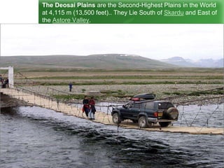 The Deosai Plains are the Second-Highest Plains in the World
at 4,115 m (13,500 feet).. They Lie South of Skardu and East of
the Astore Valley.
 