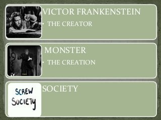 VICTOR FRANKENSTEIN
• THE CREATOR
MONSTER
• THE CREATION
SOCIETY
 