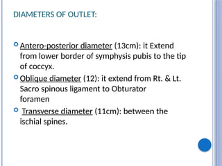 DIAMETERS OF OUTLET:
 Antero-posterior diameter (13cm): it Extend
from lower border of symphysis pubis to the tip
of coccyx.
 Oblique diameter (12): it extend from Rt. & Lt.
Sacro spinous ligament to Obturator
foramen
 Transverse diameter (11cm): between the
ischial spines.
 