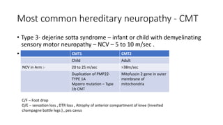 Most common hereditary neuropathy - CMT
• Type 3- dejerine sotta syndrome – infant or child with demyelinating
sensory motor neuropathy – NCV – 5 to 10 m/sec .
• Type1 vs Type 2 CMT .
CMT1 CMT2
Child Adult
NCV in Arm :- 20 to 25 m/sec >38m/sec
Duplication of PMP22-
TYPE 1A
Mpzero mutation – Type
1b CMT
Mitofuscin 2 gene in outer
membrane of
mitochondria
C/F – Foot drop
O/E – sensation loss , DTR loss , Atrophy of anterior compartment of knee (Inverted
champagne bottle legs ) , pes cavus
 