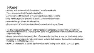 HSAN
• sensory and autonomic dysfunction >> muscle weakness
• There are no medical therapies available .
• prevention and treatment of mutilating skin and bone lesions
• only HSAN1 typically presents in adults. autosomal dominant
• second through fourth decades of life.
• degeneration of small myelinated and unmyelinated nerve fibers
• leading to severe loss of pain and temperature sensation, deep dermal ulcerations,
recurrent osteomyelitis, Charcot joints, bone loss, gross foot and hand deformities, and
amputated digits.
• do not complain of numbness, they often describe burning, aching, or lancinating pains.
• Autonomic neuropathy is not a prominent feature, but bladder dysfunction and reduced
sweating in the feet may occur.
• HSAN1A - mutations in serine palmitoyltransferase long-chain base 1 (SPTLC1) gene.
 
