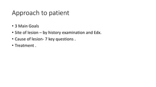 Approach to patient
• 3 Main Goals
• Site of lesion – by history examination and Edx.
• Cause of lesion- 7 key questions .
• Treatment .
 