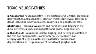 TOXIC NEUROPATHIES
■ Amiodarone neuromyopathy -if medication for 2–3 years. segmental
demyelination and axonal loss. Electron microscopy reveals lamellar or
dense inclusions in Schwann cells, pericytes, and endothelial cells.
■Colchicine - proximal weakness and numbness and tingling in the
distal extremities. vacuolar myopathy and axonal degeneration.
■ Thalidomide - numbness, painful tingling, and burning discomfort in
the feet and hands and less commonly muscle weakness and
atrophy.loss of large-diameter myelinated fibers and axonal
degeneration and Degeneration of dorsal root ganglion cells
 