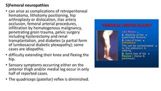 5)Femoral neuropathies
• can arise as complications of retroperitoneal
hematoma, lithotomy positioning, hip
arthroplasty or dislocation, iliac artery
occlusion, femoral arterial procedures,
infiltration by hematogenous malignancy,
penetrating groin trauma, pelvic surgery
including hysterectomy and renal
transplantation, and diabetes (a partial form
of lumbosacral diabetic plexopathy); some
cases are idiopathic.
• difficulty extending their knee and flexing the
hip.
• Sensory symptoms occurring either on the
anterior thigh and/or medial leg occur in only
half of reported cases.
• The quadriceps (patellar) reflex is diminished.
 