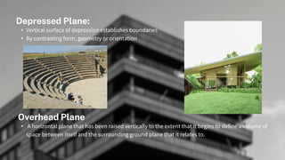 Depressed Plane:
Overhead Plane
• A horizontal plane that has been raised vertically to the extent that it begins to define a volume of
space between itself and the surrounding ground plane that it relates to.
• Vertical surface of depression establishes boundaries
• By contrasting form, geometry or orientation
 