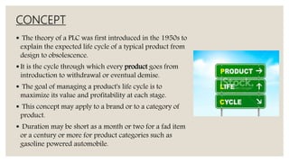 CONCEPT
 The theory of a PLC was first introduced in the 1950s to
explain the expected life cycle of a typical product from
design to obsolescence.
It is the cycle through which every product goes from
introduction to withdrawal or eventual demise.
 The goal of managing a product's life cycle is to
maximize its value and profitability at each stage.
 This concept may apply to a brand or to a category of
product.
 Duration may be short as a month or two for a fad item
or a century or more for product categories such as
gasoline powered automobile.
 