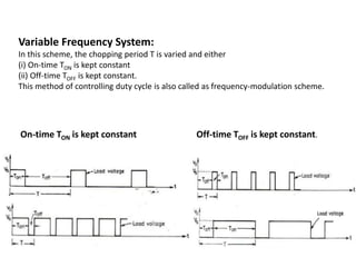 Variable Frequency System:
In this scheme, the chopping period T is varied and either
(i) On-time TON is kept constant
(ii) Off-time TOFF is kept constant.
This method of controlling duty cycle is also called as frequency-modulation scheme.
On-time TON is kept constant Off-time TOFF is kept constant.
 