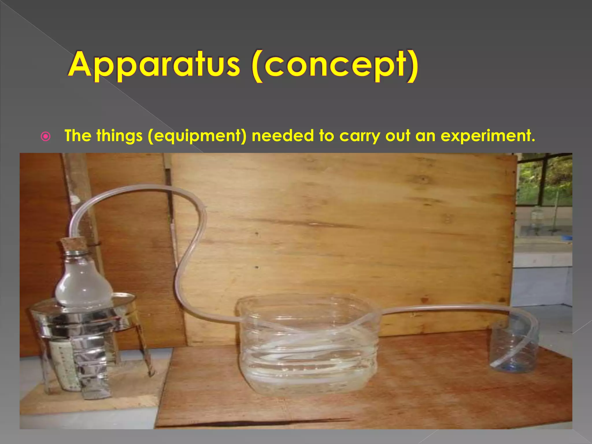  The things (equipment) needed to carry out an experiment.
 