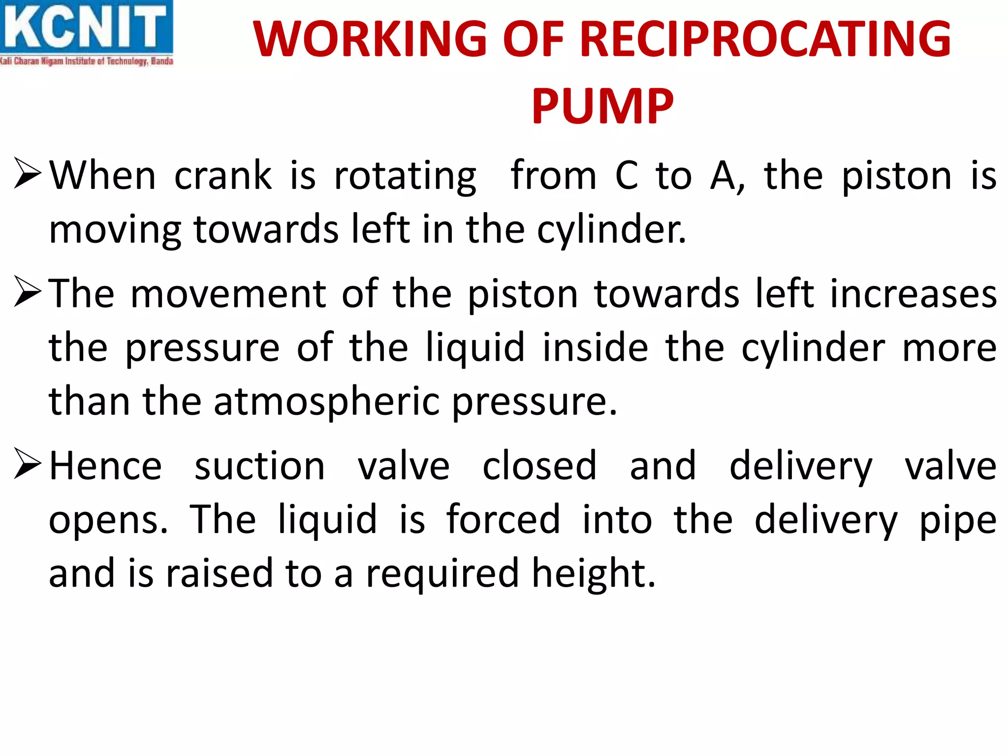 WORKING OF RECIPROCATING
PUMP
When crank is rotating from C to A, the piston is
moving towards left in the cylinder.
The movement of the piston towards left increases
the pressure of the liquid inside the cylinder more
than the atmospheric pressure.
Hence suction valve closed and delivery valve
opens. The liquid is forced into the delivery pipe
and is raised to a required height.
 