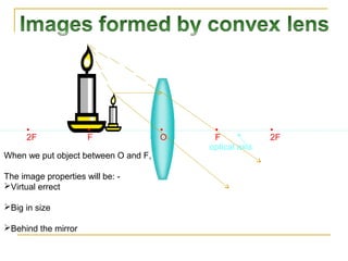 •               •               •    •             •
      2F              F               O    F             2F
                                          optical axis
When we put object between O and F,

The image properties will be: -
Virtual errect

Big in size

Behind the mirror
 