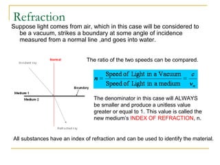 Refraction
Suppose light comes from air, which in this case will be considered to
  be a vacuum, strikes a boundary at some angle of incidence
  measured from a normal line ,and goes into water.


                              The ratio of the two speeds can be compared.




                                 The denominator in this case will ALWAYS
                                 be smaller and produce a unitless value
                                 greater or equal to 1. This value is called the
                                 new medium’s INDEX OF REFRACTION, n.


All substances have an index of refraction and can be used to identify the material.
 