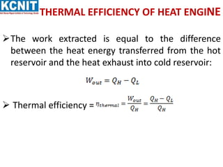 THERMAL EFFICIENCY OF HEAT ENGINE
The work extracted is equal to the difference
between the heat energy transferred from the hot
reservoir and the heat exhaust into cold reservoir:
 Thermal efficiency =
 