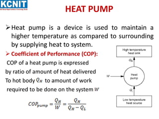 HEAT PUMP
Heat pump is a device is used to maintain a
higher temperature as compared to surrounding
by supplying heat to system.
 Coefficient of Performance (COP):
COP of a heat pump is expressed
by ratio of amount of heat delivered
To hot body to amount of work
required to be done on the system
 