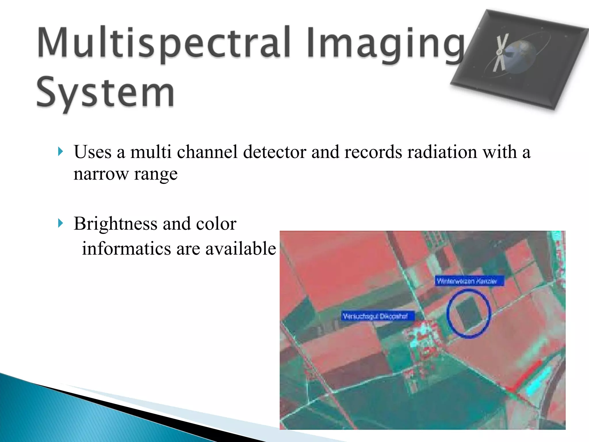 Uses a multi channel detector and records radiation with a narrow range Brightness and color  informatics are available 