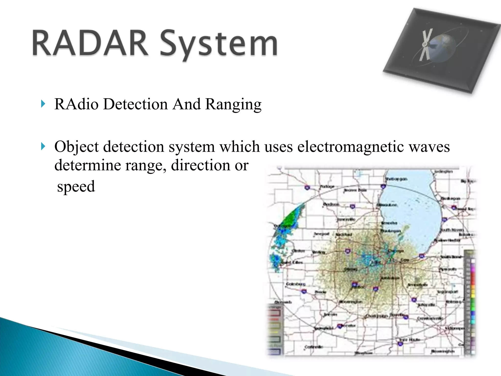RAdio Detection And Ranging Object detection system which uses electromagnetic waves determine range, direction or speed 