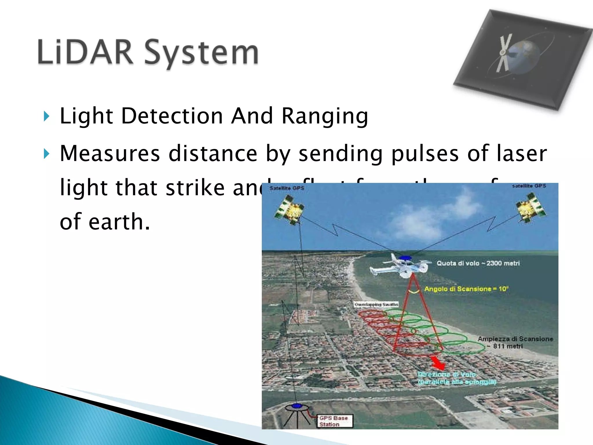 Light Detection And Ranging Measures distance by sending pulses of laser light that strike and reflect from the surface of earth. 