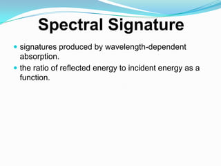  signatures produced by wavelength-dependent
  absorption.
 the ratio of reflected energy to incident energy as a
  function.
 