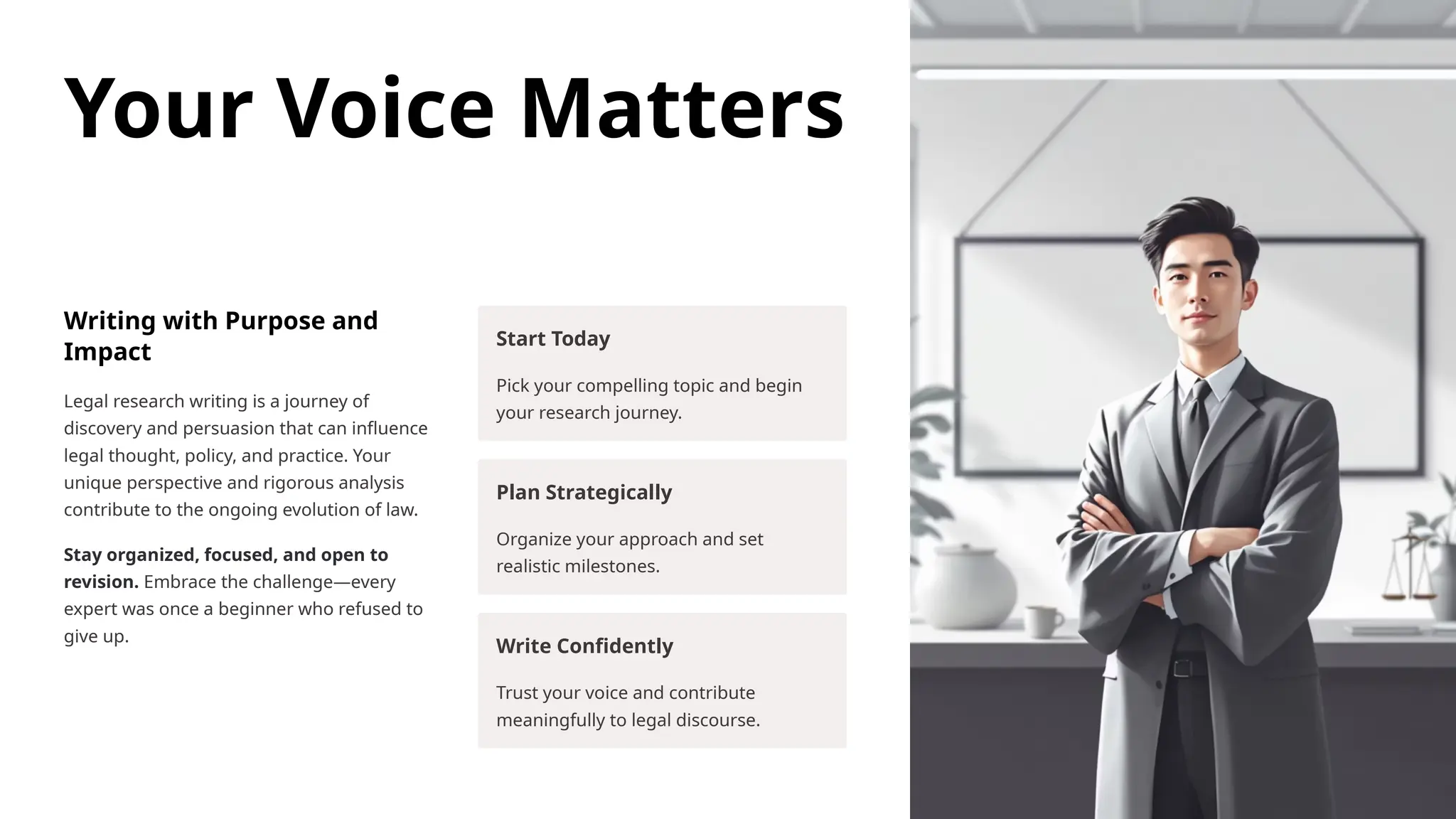 Your Voice Matters
Writing with Purpose and
Impact
Legal research writing is a journey of
discovery and persuasion that can influence
legal thought, policy, and practice. Your
unique perspective and rigorous analysis
contribute to the ongoing evolution of law.
Stay organized, focused, and open to
revision. Embrace the challenge—every
expert was once a beginner who refused to
give up.
Start Today
Pick your compelling topic and begin
your research journey.
Plan Strategically
Organize your approach and set
realistic milestones.
Write Confidently
Trust your voice and contribute
meaningfully to legal discourse.
 