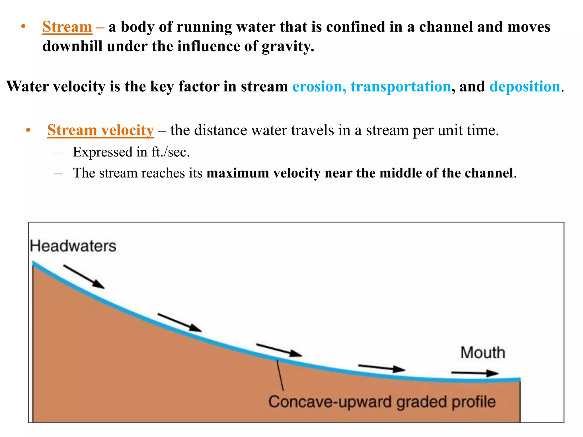 • Stream – a body of running water that is confined in a channel and moves
downhill under the influence of gravity.
Water velocity is the key factor in stream erosion, transportation, and deposition.
• Stream velocity – the distance water travels in a stream per unit time.
– Expressed in ft./sec.
– The stream reaches its maximum velocity near the middle of the channel.

 