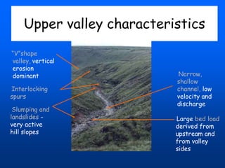Upper valley characteristics
“V”shape
valley, vertical
erosion
dominant
Interlocking
spurs
Slumping and
landslides very active
hill slopes

Narrow,
shallow
channel, low
velocity and
discharge
Large bed load
derived from
upstream and
from valley
sides

 