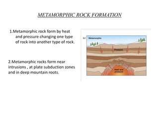 METAMORPHIC ROCK FORMATION
1.Metamorphic rock form by heat
and pressure changing one type
of rock into another type of rock.
2.Metamorphic rocks form near
intrusions , at plate subduction zones
and in deep mountain roots.
 