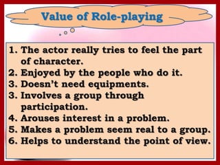Value of Role-playing

1. The actor really tries to feel the part
   of character.
2. Enjoyed by the people who do it.
3. Doesn’t need equipments.
3. Involves a group through
   participation.
4. Arouses interest in a problem.
5. Makes a problem seem real to a group.
6. Helps to understand the point of view.
 