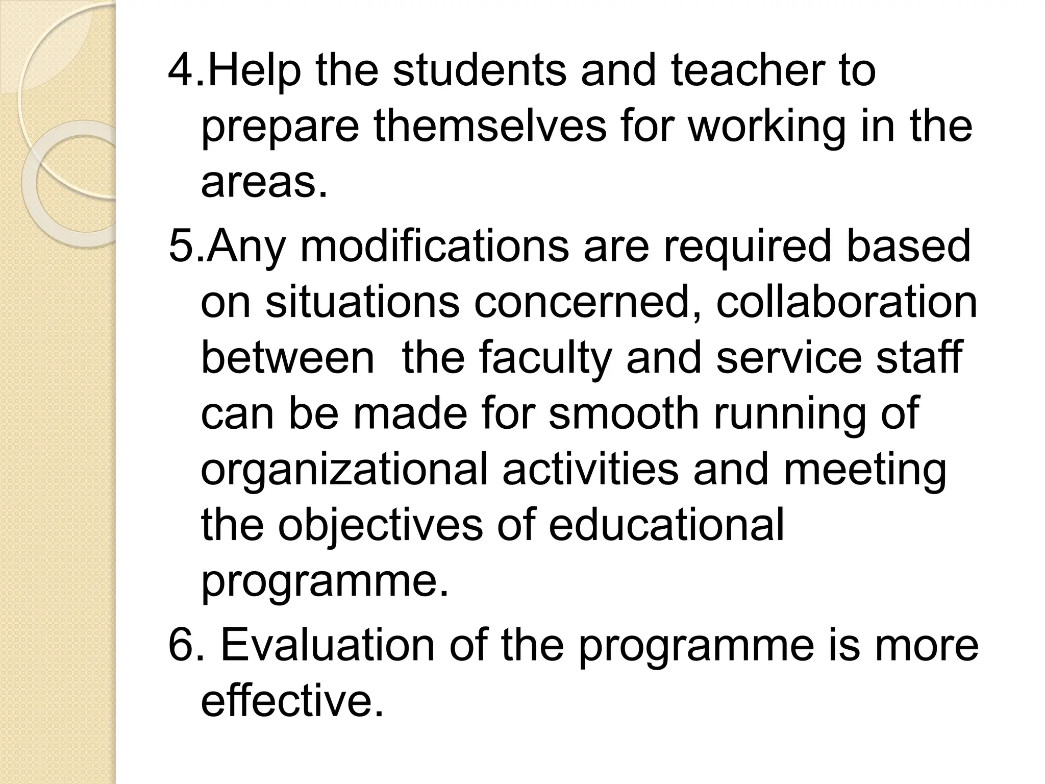 4.Help the students and teacher to
prepare themselves for working in the
areas.
5.Any modifications are required based
on situations concerned, collaboration
between the faculty and service staff
can be made for smooth running of
organizational activities and meeting
the objectives of educational
programme.
6. Evaluation of the programme is more
effective.
 