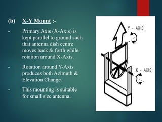 (b) X-Y Mount :-
- Primary Axis (X-Axis) is
kept parallel to ground such
that antenna dish centre
moves back & forth while
rotation around X-Axis.
- Rotation around Y-Axis
produces both Azimuth &
Elevation Change.
- This mounting is suitable
for small size antenna.
 