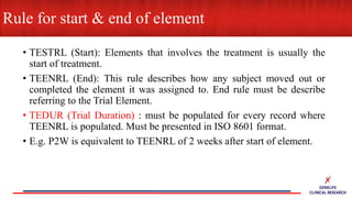 • TESTRL (Start): Elements that involves the treatment is usually the
start of treatment.
• TEENRL (End): This rule describes how any subject moved out or
completed the element it was assigned to. End rule must be describe
referring to the Trial Element.
• TEDUR (Trial Duration) : must be populated for every record where
TEENRL is populated. Must be presented in ISO 8601 format.
• E.g. P2W is equivalent to TEENRL of 2 weeks after start of element.
Rule for start & end of element
 