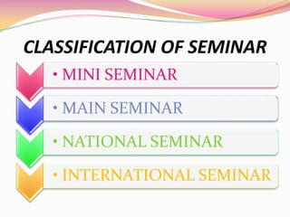 CLASSIFICATION OF SEMINAR
• MINI SEMINAR
• MAIN SEMINAR
• NATIONAL SEMINAR
• INTERNATIONAL SEMINAR
 