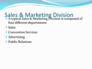 SERVICE DEPARTMENTS   MAJOR REVENUE PRODUCING DEPARTMENTS ROOM DIVISION :             (a)Front Office             (b)Reservation             (c)House keeping              (d)Uniform            (e)Telephone