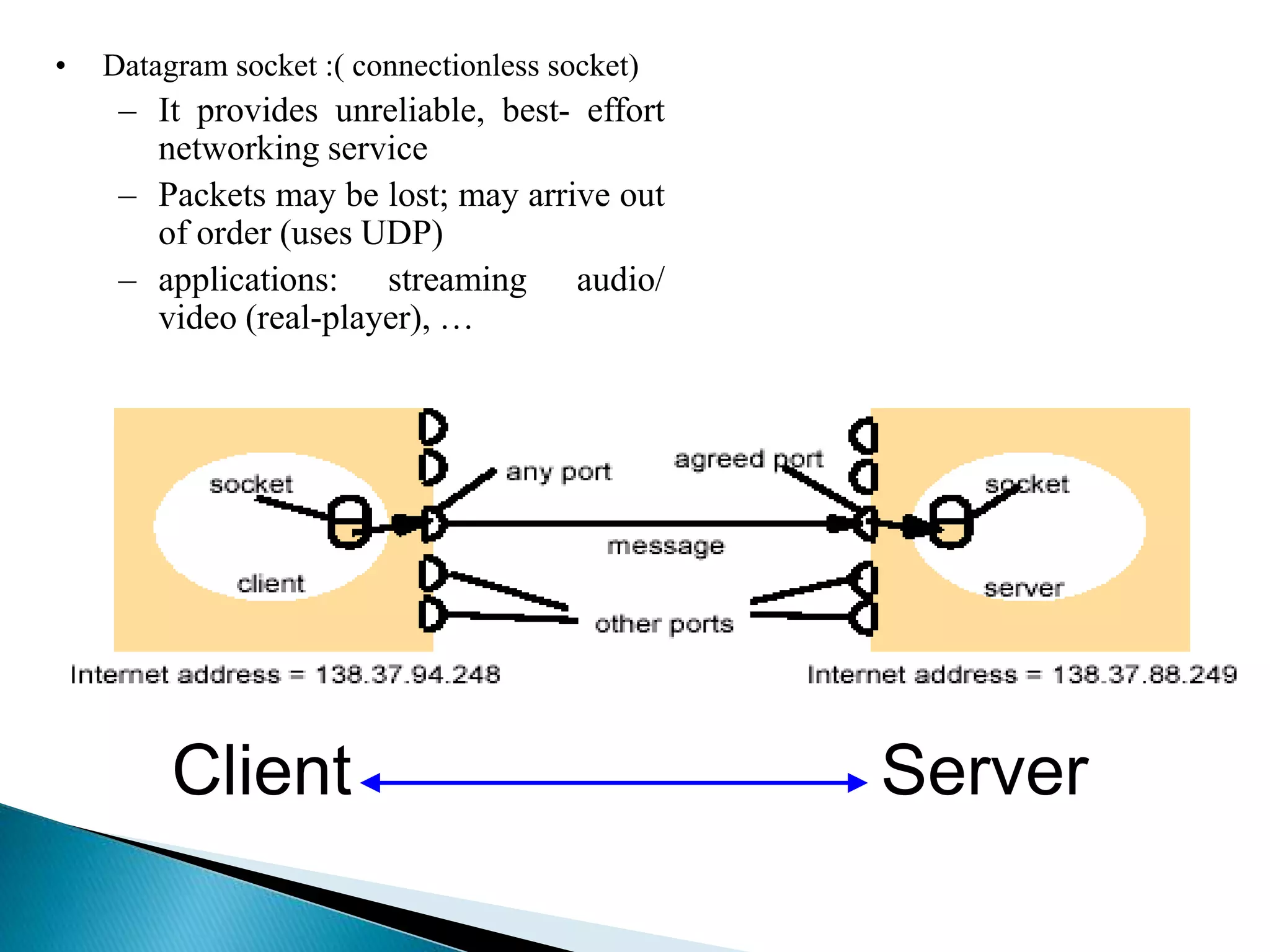 • Datagram socket :( connectionless socket)
– It provides unreliable, best- effort
networking service
– Packets may be lost; may arrive out
of order (uses UDP)
– applications: streaming audio/
video (real-player), …
Client Server
 