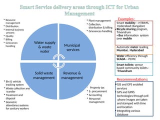 ? Property tax
? E- procurement
? Accounting
? Personnel
management
? Bin & vehicle
tracking system
? Waste collection and
transfer
? Treatment and
disposal
? biometric
attendance systems
for sanitary workers
? Plant management
? Collection,
distribution & billing
? Grievances handling
? Resource
management
? Distribution
? Internal business
process
? Quality
? Billing
? Grievances
handling
Water supply
& waste
water
Municipal
services
Revenue &
management
Solid waste
management
Smart mobility C HTRIMS,
Hyderabad; Bangalore
? Bicycle sharing program,
Trivandrum
? Bus information system
over mobile
Automatic meter reading
Mumbai, Hyderabad
Water efficiency through
SCADA C PCMC
Smart toilets: sensor
based community toilets -
Trivandrum
Recommendations:
?GIS and GPS enabled
services
? GPS and GPRS
technologies through cell
phone images are taken
and stamped with time
and location
? Integrating various
database
Examples:
 