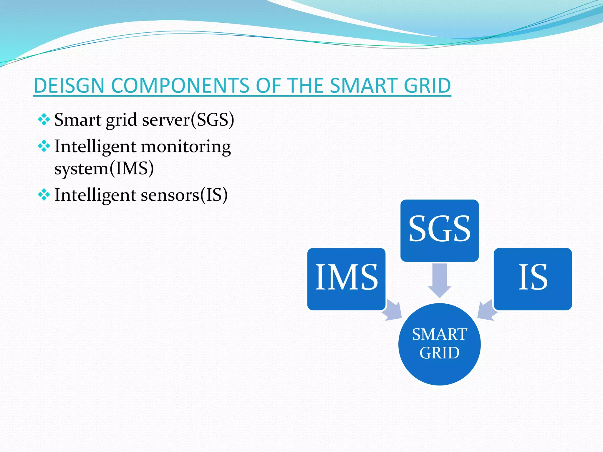 DEISGN COMPONENTS OF THE SMART GRID
Smart grid server(SGS)
Intelligent monitoring
system(IMS)
Intelligent sensors(IS)
SMART
GRID
IMS
SGS
IS
 