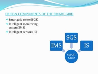 DEISGN COMPONENTS OF THE SMART GRID
Smart grid server(SGS)
Intelligent monitoring
system(IMS)
Intelligent sensors(IS)
SMART
GRID
IMS
SGS
IS
 