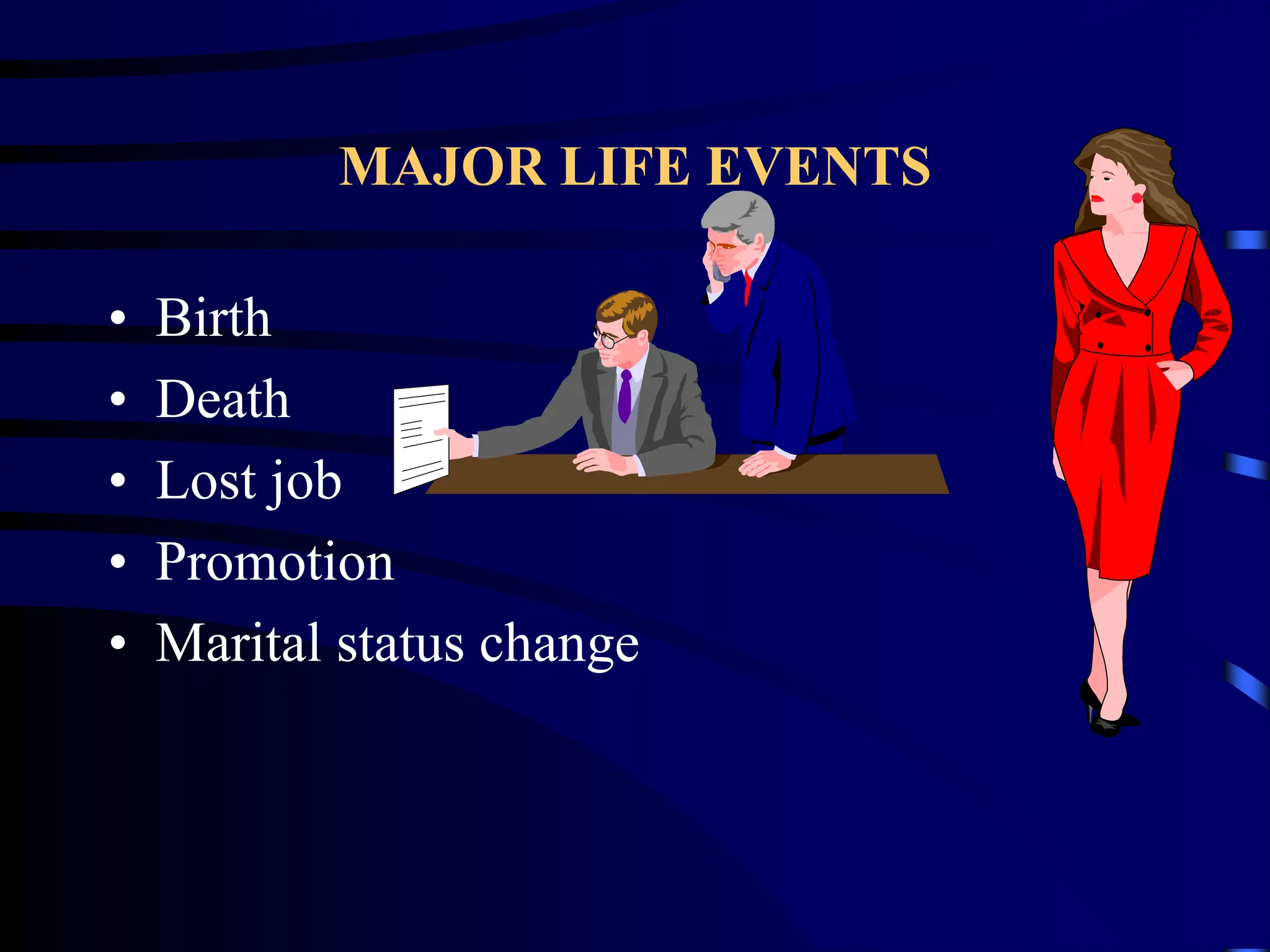 MAJOR LIFE EVENTS
• Birth
• Death
• Lost job
• Promotion
• Marital status change
 