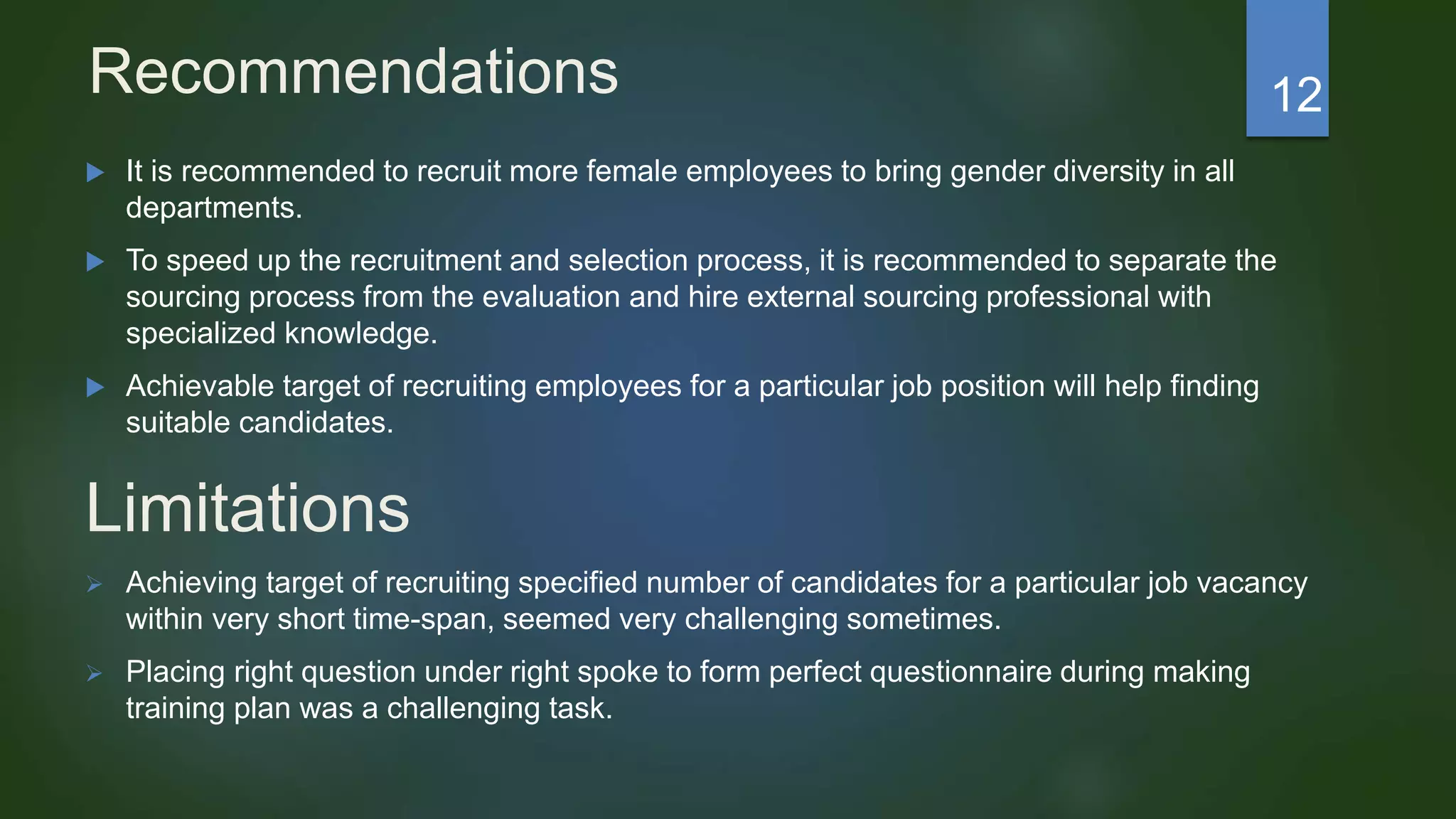 Recommendations
 It is recommended to recruit more female employees to bring gender diversity in all
departments.
 To speed up the recruitment and selection process, it is recommended to separate the
sourcing process from the evaluation and hire external sourcing professional with
specialized knowledge.
 Achievable target of recruiting employees for a particular job position will help finding
suitable candidates.
Limitations
 Achieving target of recruiting specified number of candidates for a particular job vacancy
within very short time-span, seemed very challenging sometimes.
 Placing right question under right spoke to form perfect questionnaire during making
training plan was a challenging task.
12
 