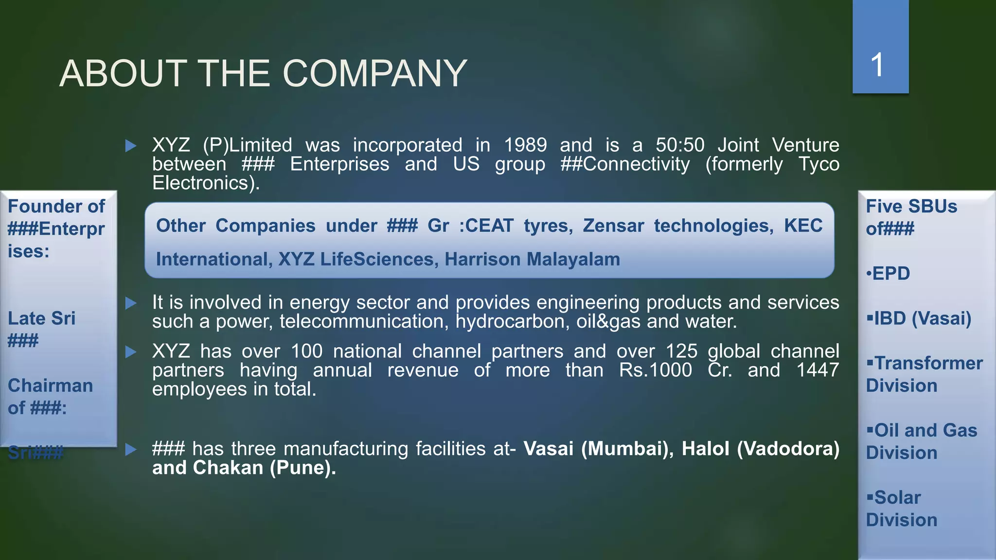 ABOUT THE COMPANY
 XYZ (P)Limited was incorporated in 1989 and is a 50:50 Joint Venture
between ### Enterprises and US group ##Connectivity (formerly Tyco
Electronics).
 It is involved in energy sector and provides engineering products and services
such a power, telecommunication, hydrocarbon, oil&gas and water.
 XYZ has over 100 national channel partners and over 125 global channel
partners having annual revenue of more than Rs.1000 Cr. and 1447
employees in total.
 ### has three manufacturing facilities at- Vasai (Mumbai), Halol (Vadodora)
and Chakan (Pune).
1
Five SBUs
of###
•EPD
IBD (Vasai)
Transformer
Division
Oil and Gas
Division
Solar
Division
Founder of
###Enterpr
ises:
Late Sri
###
Chairman
of ###:
Sri###
Other Companies under ### Gr :CEAT tyres, Zensar technologies, KEC
International, XYZ LifeSciences, Harrison Malayalam
 