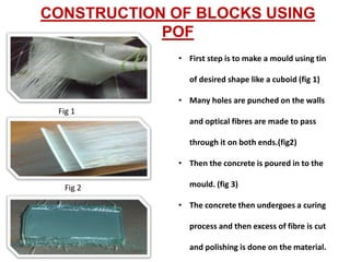 CONSTRUCTION OF BLOCKS USING
POF
• First step is to make a mould using tin
of desired shape like a cuboid (fig 1)
• Many holes are punched on the walls
and optical fibres are made to pass
through it on both ends.(fig2)
• Then the concrete is poured in to the
mould. (fig 3)
• The concrete then undergoes a curing
process and then excess of fibre is cut
and polishing is done on the material.
Fig 1
Fig 2
 